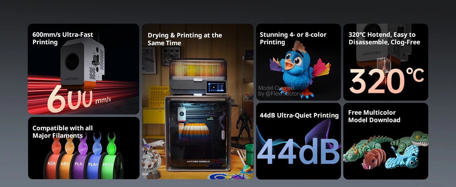Anycubic Kobra S1 Combo 3D Printer Auto Leveling Fast Reliable User-Friendly S1C Desktop Multi-Color Precision Rapid Printing