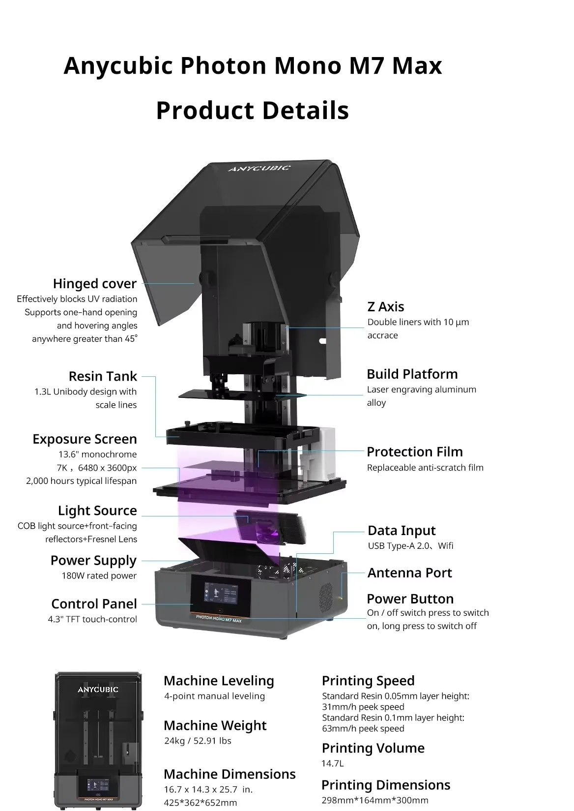 ANYCUBIC Photon Mono M7 Max 7K Resin Mono LCD 3D Printer 14.7L Ultra-Large Print Volume LCD Resin 3D Printer COB+ Light Source