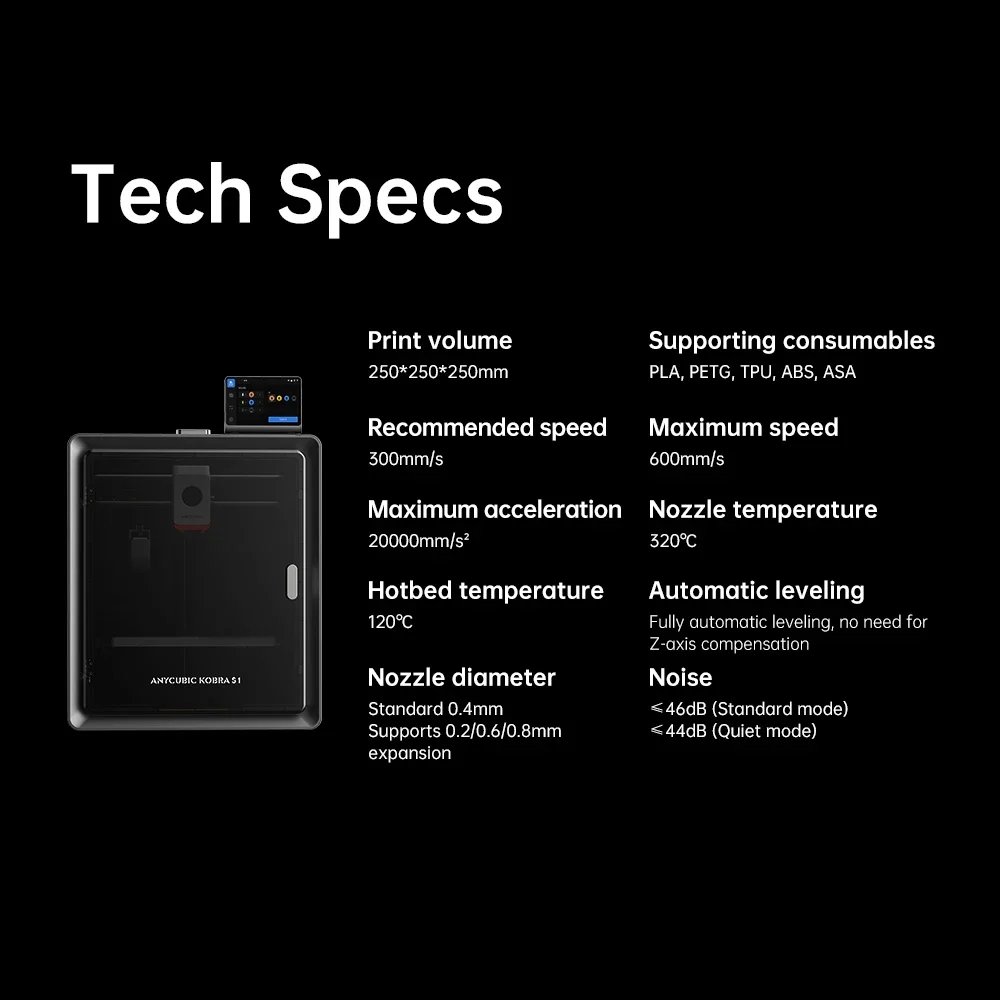 Anycubic Kobra S1 Combo Multi-Color 3D Printer Max 600mm/s High Speed Printing High Precision Rapid Printing 250x250x250mm