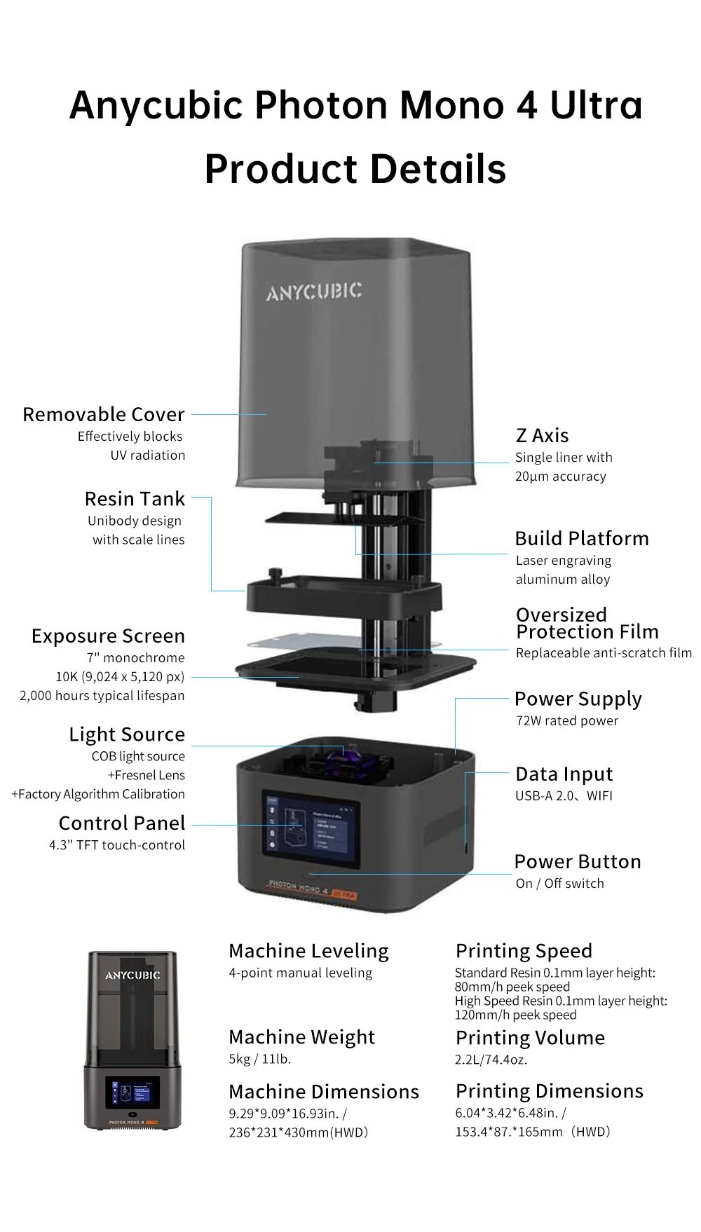 ANYCUBIC 10K Resin 3D Printer Photon Mono 4 Ultra 7'' LCD Mono Screen Max Printing Speed 120mm/h Printing Size 236X231X430mm