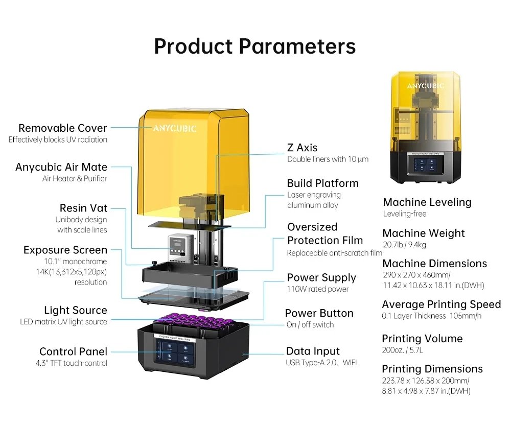 Anycubic Photon Mono M5s Pro Resin 3D Printer 10.1'' 14K HD Mono LCD 3X High Speed Printing 3d Printer size 200x223x126mm