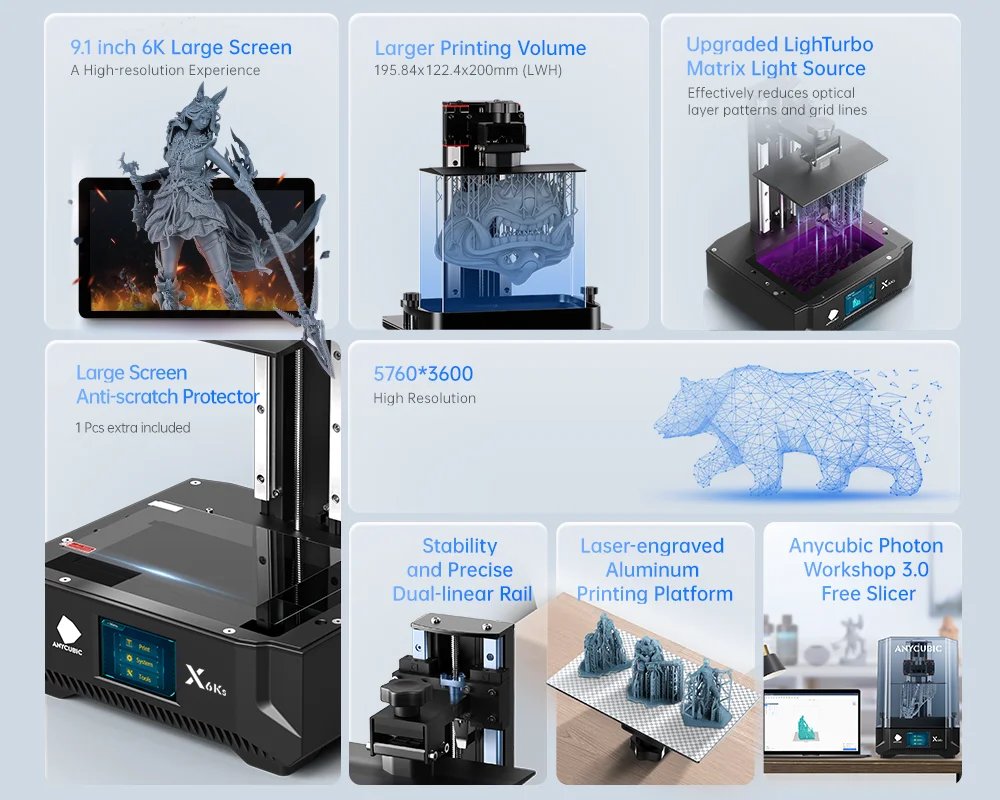 ANYCUBIC Photon Mono X 6Ks Resin 3D Printer 9.1'' 6K Mono Screen LCD SLA Resin Printer Large Printing Size 195 x 122 x 200 mm