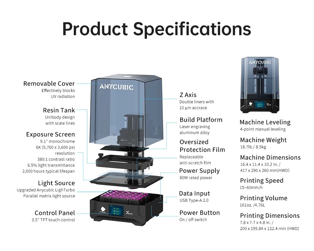 ANYCUBIC Photon Mono X 6Ks Resin 3D Printer 9.1'' 6K Mono Screen LCD SLA Resin Printer Large Printing Size 195 x 122 x 200 mm