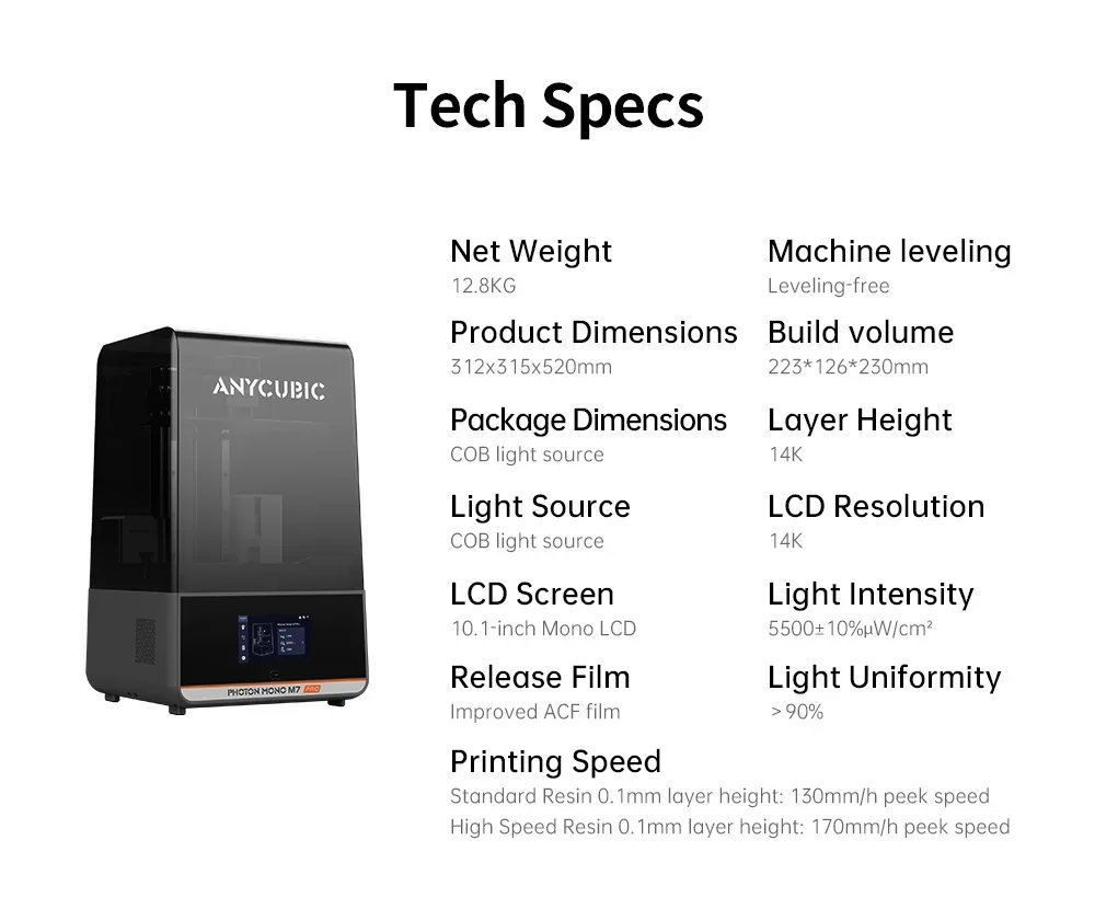 ANYCUBIC Photon Mono M7 PRO 14K Resin 3D Printe 10.1'' Mono LCD 3D Printer Speed Up to 170mm/h Fast Printing Size 223*126*230mm