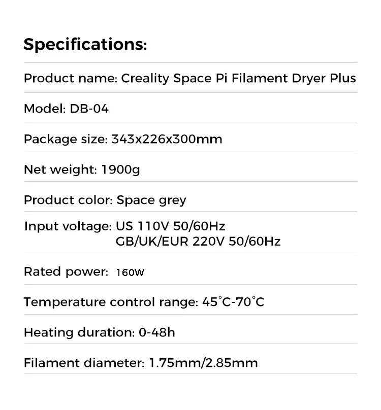 2024 New Creality Space Pi Filament Dryer Plus 160W Two Rolls Capacity Double Drying Two Rollscapacity for 2KG Filament