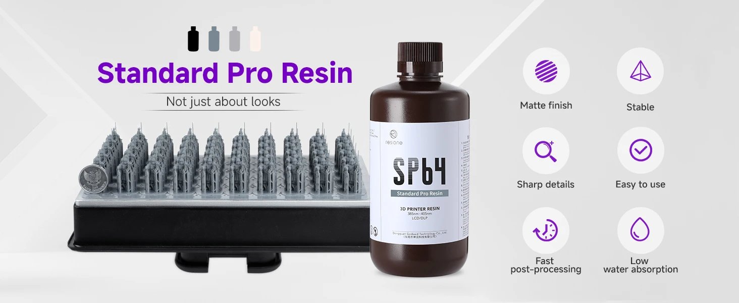 Resione SP64 Stand Pro 3d Resin Photopolymer Resin Matte finish Sharp details Fast post-processing Low water absorption UV 405nm Resione SP64 Stand Pro 3d Resin Photopolymer Resin Matte finish Sharp details Fast post-processing Low water absorption UV 405nm