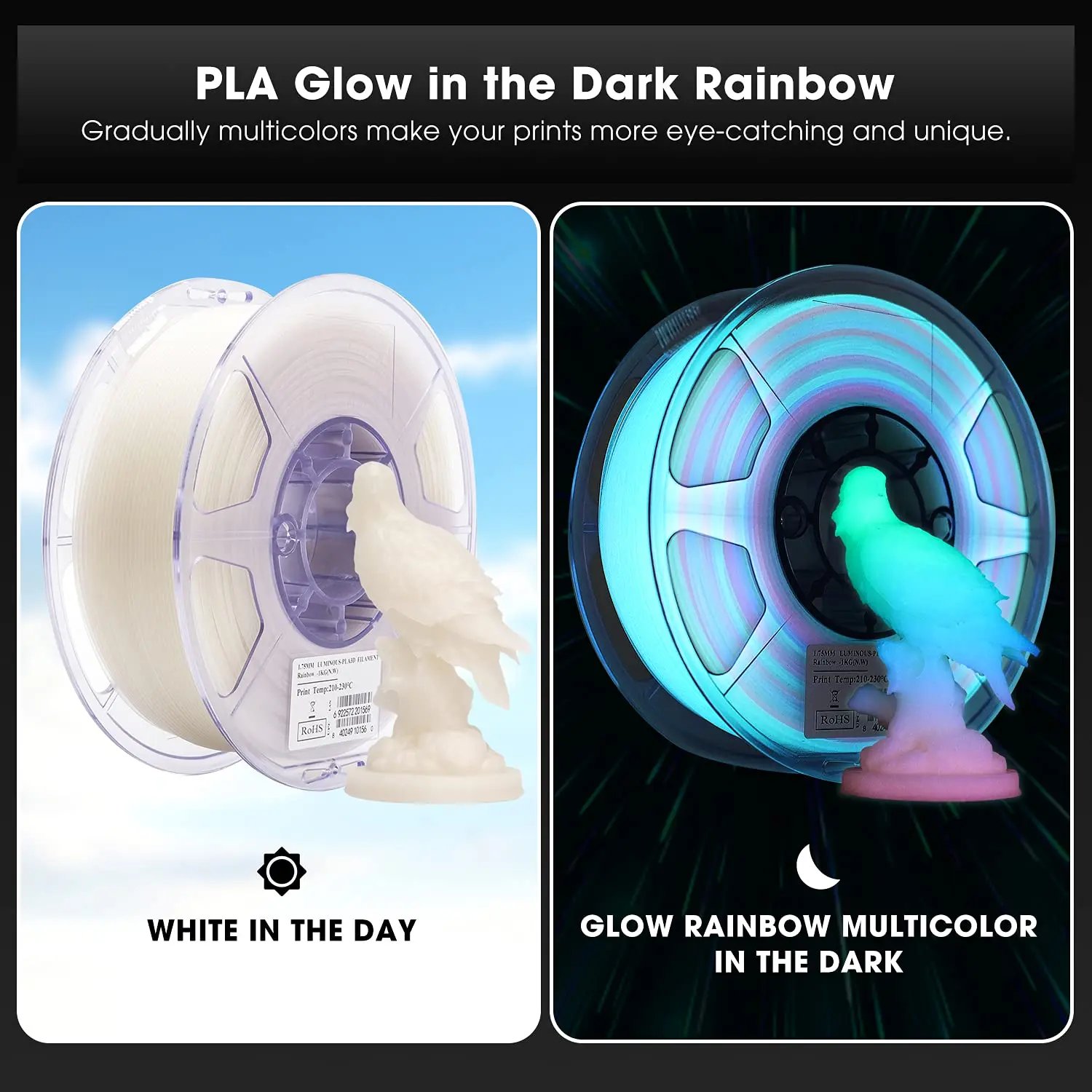 1.75mm 3D PLA Luminous Filament Rainbow Noctilucent Red Blue Luminous 250g, 500g PLA 3D Printing Plastic wire Vacuum Packaging